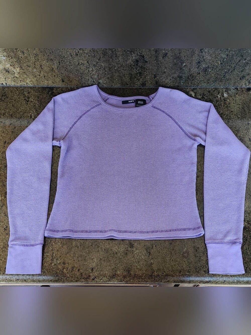 Mixit Women's Cropped Waffle Knit Long Sleeve Crewneck Top - Lavender - Size Med